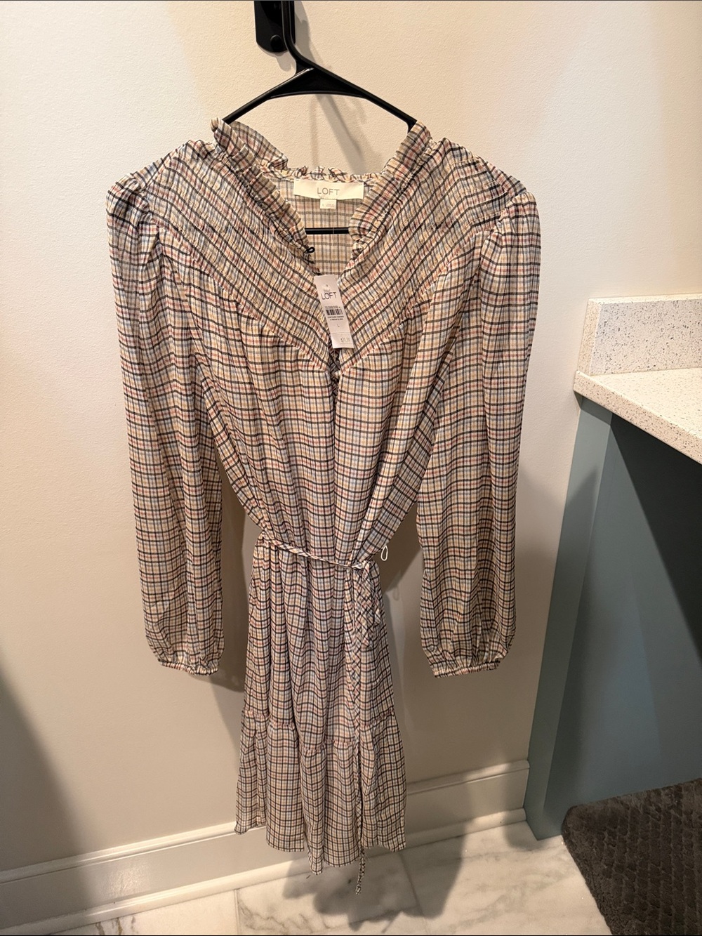LOFT Cream Plaid Long-Sleeve Ruffle-Neck Dress